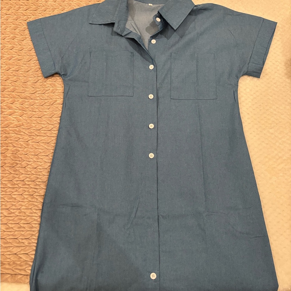 Chic Blue Shirt Dress with Pockets